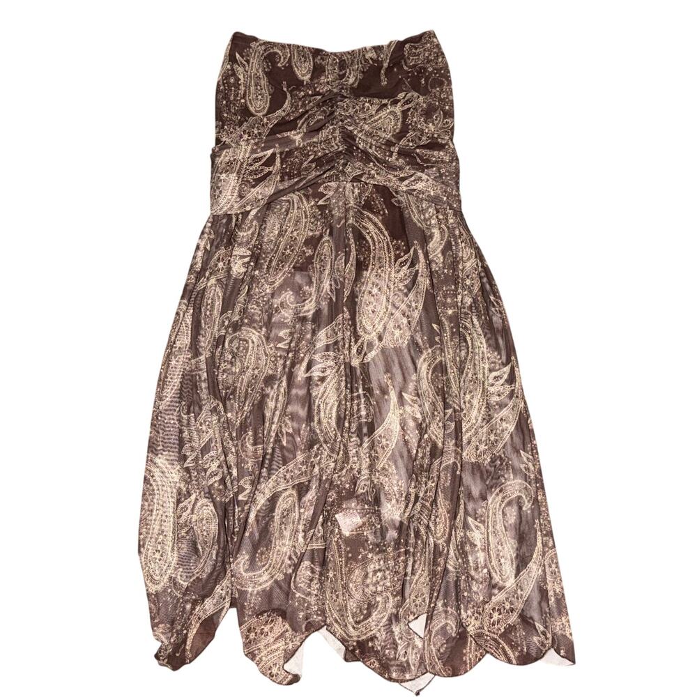 Vintage Y2K Brown Paisley Mesh Strapless Handkerchief Hem Midi Dress M